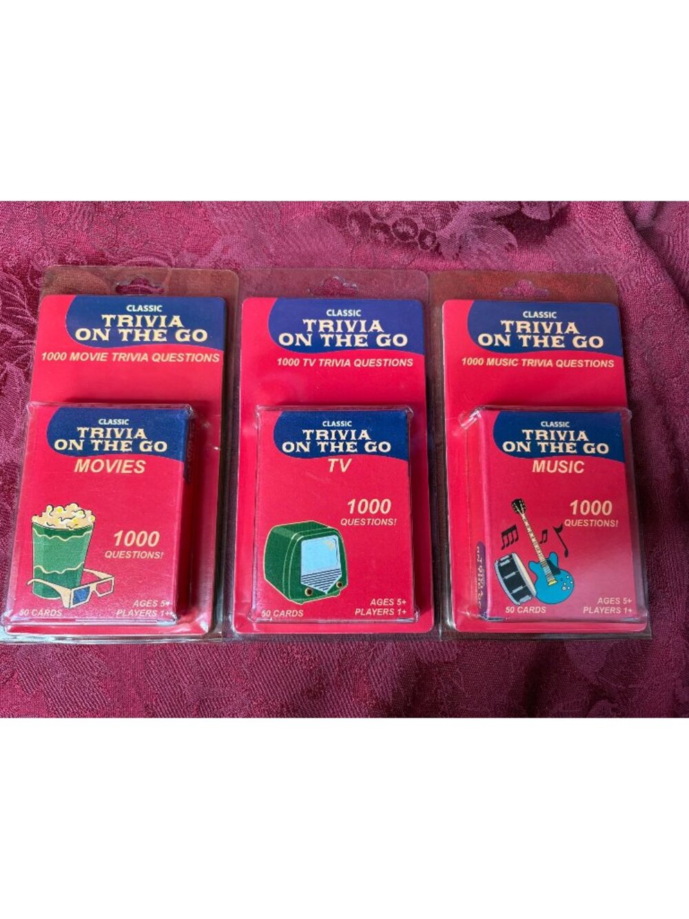 Classic Trivia On The Go Set Of 3: Movies TV & Music 50 Cards Per Deck